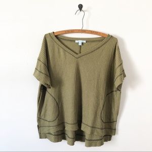 She and Sky Olive Waffle Knit V Neck Pocket Top